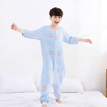 0-15岁儿童纱布睡袋分腿中大童春夏季春秋纯棉小学生宝宝防踢被子 蓝色【三层纱布，室温25-30度】 衣长135cm【身高130-150cm可选】