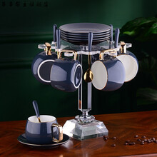 【轻奢高端】北欧简约套装咖啡杯咖啡杯碟欧式简约杯架陶瓷杯家用北欧下午茶水具套装 冷灰色 6件