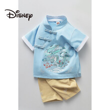 迪士尼（Disney）男宝宝周岁礼服婴儿童汉服男童夏季薄款唐装小童抓周衣服古风短袖 818青龙蓝色 90(90码参考6-15个月)