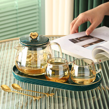 BSD 花茶具套装 水果花茶壶花茶杯套装 轻奢玻璃泡茶壶加热 下午茶茶具茶盘  北欧风格泡茶杯 星月小花茶墨绿色套装（一壶一托盘两杯两勺子）