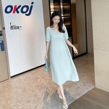 OKOJ 孕妇V领连衣裙夏季时尚女长款针织百褶裙宽松时尚洋气高定简约潮妈 绿色 L