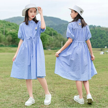 女童连衣裙夏装2021新款韩版时尚女大童裙子洋气女孩公主裙时尚夏天大童女装初中生女孩衣服12-15岁 蓝色 160
