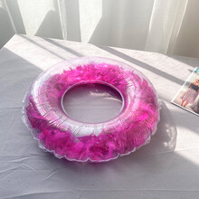 小朋友游泳圈ins网红羽毛儿童充气腋下加厚透明救生圈游泳圈黄雀 玫红色90(带充气筒)