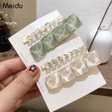 美杜meidu 发夹一字夹边夹侧夹气质金属珍珠韩国复古港风韩国精致刘海边夹水晶原石发夹套装 水晶原石发夹（绿色+白色）