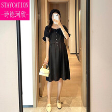 【轻奢高档】孕妇装夏装2021新款韩版孕妇连衣裙夏季宽松荷叶袖短袖裙子潮妈夏 黑色(已，无货) M