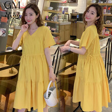 革曼 孕妇装夏装新款韩版宽松大码200斤遮肚子不显怀潮妈时尚中长款纯棉短袖孕妇连衣裙 黄色 M