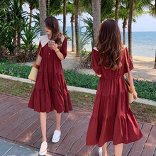 瑞彼丽 夏季孕妇哺乳连衣裙2021夏天新款雪纺翻领气质大码收腰显瘦潮妈怀孕期外出宽松孕妇产后喂奶裙子 酒红色（胸前扣子解开可哺乳） 2XL