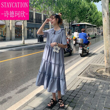 诗德珂欣【甄选精品】孕妇装夏装连衣裙潮妈夏季时尚款套装小清新短袖上衣夏天裙子 蓝色连衣裙 M