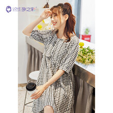 【单层透气】孕之彩孕妇裙夏季新款韩版方领显瘦遮肉五分袖黑白格子裙孕妈文艺范长款连衣裙 黑格 L