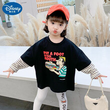 迪士尼专卖旗舰官方店女童秋季套装2021新款网红洋气时髦中小童装春秋装儿童条纹两件套 黑色T恤 100cm