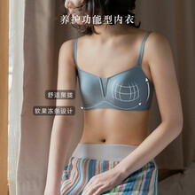 靴下物果冻条光面无痕内衣女无钢圈夏季薄款小胸舒适聚拢复古大方领文胸罩 奶油蓝 L
