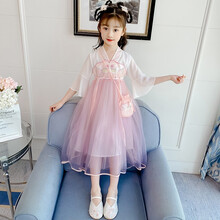 不二童话童装女童连衣裙2021新品夏天季韩版中大儿童公主裙子小女孩中国民族汉服古装裙3-14岁衣服潮 粉红色 150 码建议身高135-145cm