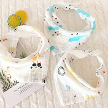 京选优品婴儿三角巾纯棉超柔软新生儿围嘴宝宝纱布口水巾夏季薄款 3条装薄棉纱三角巾动物月亮蓝云