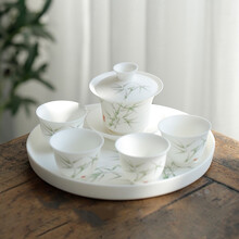 福雁坊 羊脂玉白瓷盖碗陶瓷泡茶器主人杯茶盏家用办公敬茶碗耐热防烫功夫茶具单个三才茶碗茶杯 自生釉玉脂瓷佳人盖碗茶组[品竹]+品竹圆盘