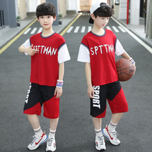 魅乐凯童装篮球服男童夏装套装2021新款韩版中大童帅气夏季短袖两件套潮5-15岁 红色 120