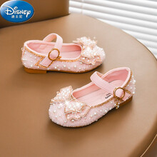 迪士尼女童皮鞋2021秋季新款软底珍珠水钻蝴蝶结软底中大童儿童公主鞋子 粉红色 35