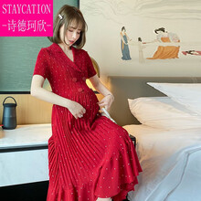 【轻奢高档】时尚孕妇雪纺百褶连衣裙春夏款灯笼袖宽松波点鱼尾裙外出长裙潮妈 红色短袖 M