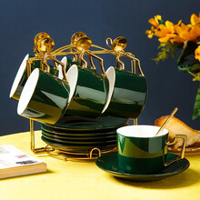 友来福 陶瓷咖啡杯套装欧式 家用办公室便携拉花奶泡杯绿釉套装六杯六碟六勺+1杯架