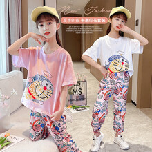 女童套装夏装儿童新款时尚洋气小女孩中大童夏季短袖卡通机器猫t恤休闲长裤薄款两件套装3-15岁衣服 白色 150