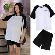 苒琦妈咪孕妇套装夏装时尚款孕妇装新款潮妈短袖t恤上衣托腹短裤外穿休闲两件套 6668T恤+短裤套装 L