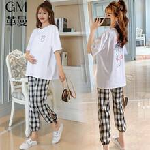 革曼 孕妇装夏装套装时尚款潮妈孕妇短袖T恤上衣+格子九分托腹裤网红洋气宽松休闲两件套 白色上衣 XL