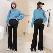 惠欣晨 秋款新款孕妇韩版微喇开叉时尚显瘦感孕妈阔腿显瘦孕妇春秋托腹裤 黑色 M-体重85-110斤