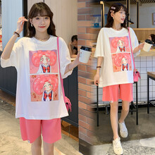 奕雅轩 孕妇装夏装时尚套装韩版中长款短袖上衣宽松连衣裙休闲孕妇裤夏季孕妈装 白色套装-美少女印花 M
