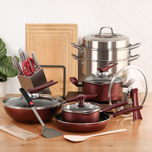 炊大皇锅具套装不粘锅四件套炒锅平底锅煎锅汤锅奶锅燃气煤气灶明火电磁炉通用锅具 溢彩套装+蒸锅+刀具7件套+菜板三件套+硅胶铲+竹