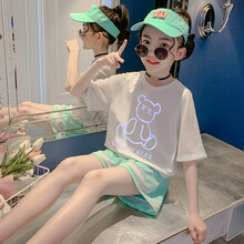 BOBSVS女童夏天小熊网红套装2021新款洋气时髦中大童短袖短裤两件套 绿色 110cm