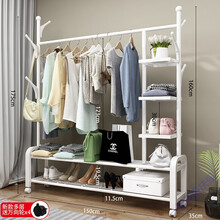 简易衣柜铁架卧室组合装挂衣柜省空间宿舍折叠收纳储物布衣橱柜子 150cm-白-升级【下双层+侧三层置物网+轮子 1个