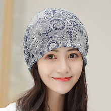 十月结晶同款 帽子女韩版包头帽春夏季薄款空调帽光头帽睡帽透气头巾月子帽 富贵花/青花蓝色 1顶帽子不是买1送1(头围54-59cm)