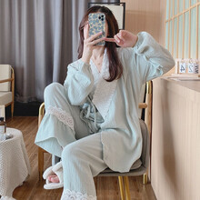 风海有夏 月子服夏季棉和服绉布纱布产后孕妇睡衣哺乳套装家居服春夏 艾和服纱布A1020灰青色 M码