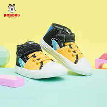 巴布豆童鞋儿童帆布鞋高帮男童女童高帮板鞋春季新款宝宝室内鞋子 黑色 23码/鞋内长15cm