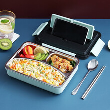 特百惠同款304不锈钢饭盒分隔型保温小学生可爱餐盒便携儿童1人上班族便当盒礼品礼物送人 绿色三格(送不锈钢筷子勺子)