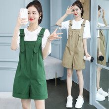 缪资 背带裤女短裤套装女夏季薄款2021年夏季新款韩版时尚女装炸街减龄小个子洋气宽松显瘦英伦风套装裤 绿色 M