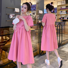 伊沐纯孕妇装夏短袖连衣裙时尚款外穿洋气显瘦夏季裙子潮妈 粉红色 XXL