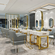 美发店镜台双面发廊专用实木剪发镜子简约带灯理发店烫染桌子 金色双面镜台 官方标配