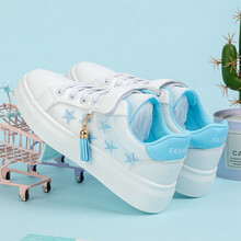 绚萌童鞋女童帆布鞋2021夏季新款儿童休闲韩版镂空透气学生网鞋中大童板鞋 蓝色星星 30码建议脚长19CM