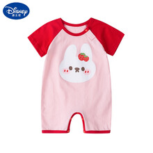 迪士尼（Disney）品牌婴儿纯棉短袖开档哈衣新生儿连体衣夏装女宝宝衣服夏季薄款爬服 褐色 草莓小兔 73cm