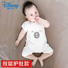 迪士尼新生儿婴儿衣服连体衣宝宝夏装男女纯棉网红短袖超萌夏季薄款哈衣 (双层护肚款) 灰熊 80码(参考体重18-23斤)