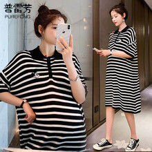普雷芳孕妇装2021夏装新款潮妈宽松显瘦大码孕妇连衣裙休闲时尚外出条纹POLO衫裙子女 黑色 L