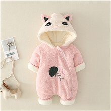 巴布豆卡通新生婴儿连体衣冬加厚加绒爬服超萌可爱外出纯棉保暖冬季棉服 粉 66