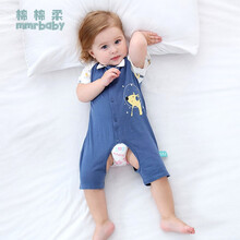 棉棉柔宝宝开裆连体衣短袖夏季薄款爬爬服婴儿开档哈衣6-12个月衣服纯棉 水墨蓝 80cm