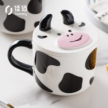 佳佰创意水杯子女陶瓷茶杯咖啡杯马克杯带盖大容量Moo牛奶杯早餐杯办公室喝水杯家用陶瓷杯子燕麦片杯500ml