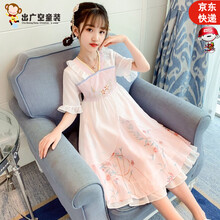 出广空 汉服女童夏季中国古风演出短袖连衣裙儿童仙唐装裙子女孩中小学生表演服 藕色 160