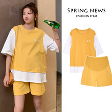 敏潮格伦2021孕妇装夏装棉两件套短袖套装时尚运动休闲潮妈中长款棉夏 黄色套装 M