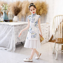 女童旗袍夏季5中国风6中大童连衣裙7小女孩裙子8儿童走秀古装汉服 大摆白玉兰 110码