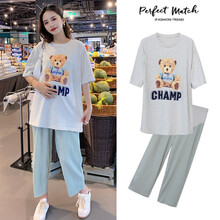 南叮雅格孕妇装夏装可爱减龄卡通短袖t恤上衣潮妈两件套薄款孕妇裤阔腿裤套装夏季 单件 蓝色裤子 M