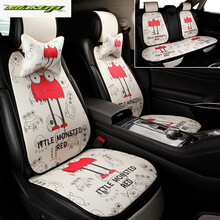适用于卡通汽车坐垫四季通用亚麻小蛮腰女神夏季凉垫冰丝透气网红座垫套 米白底红小怪兽-全车7件套+2颈枕 亚麻H