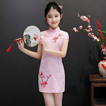 女童旗袍夏季薄款儿童女孩中国风唐装女宝宝古筝演出服连衣裙 8314-粉色两朵花 130